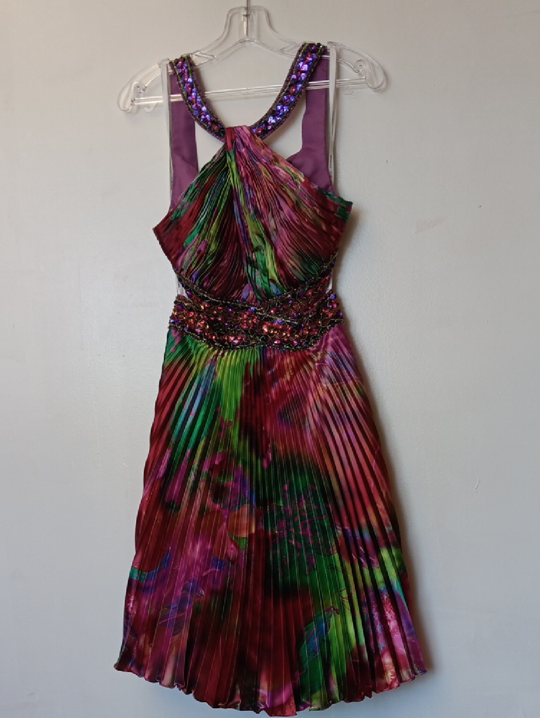 Vintage Princess Collection Multicolor Pleated Halter Dress With Beaded Waist